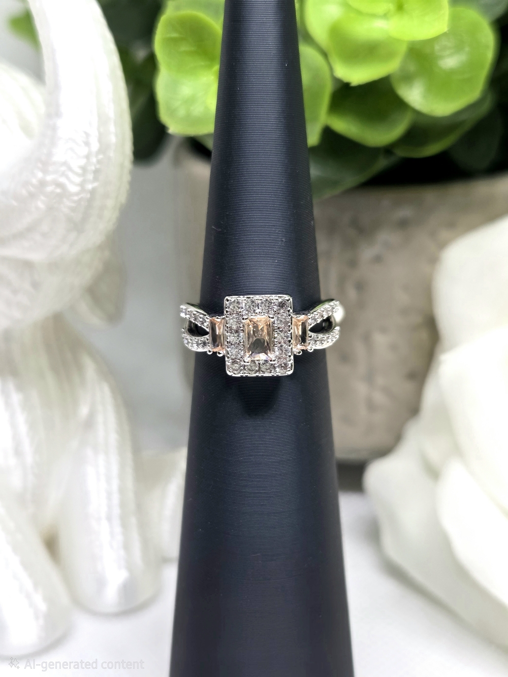 BP Emerald-Cut Smokey Topaz Halo Ring on Rhodium Plating